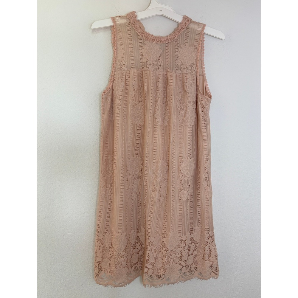 Blush Pink Floral Lace Sleeveless Shift Dress High Neck Scalloped Hem Lined